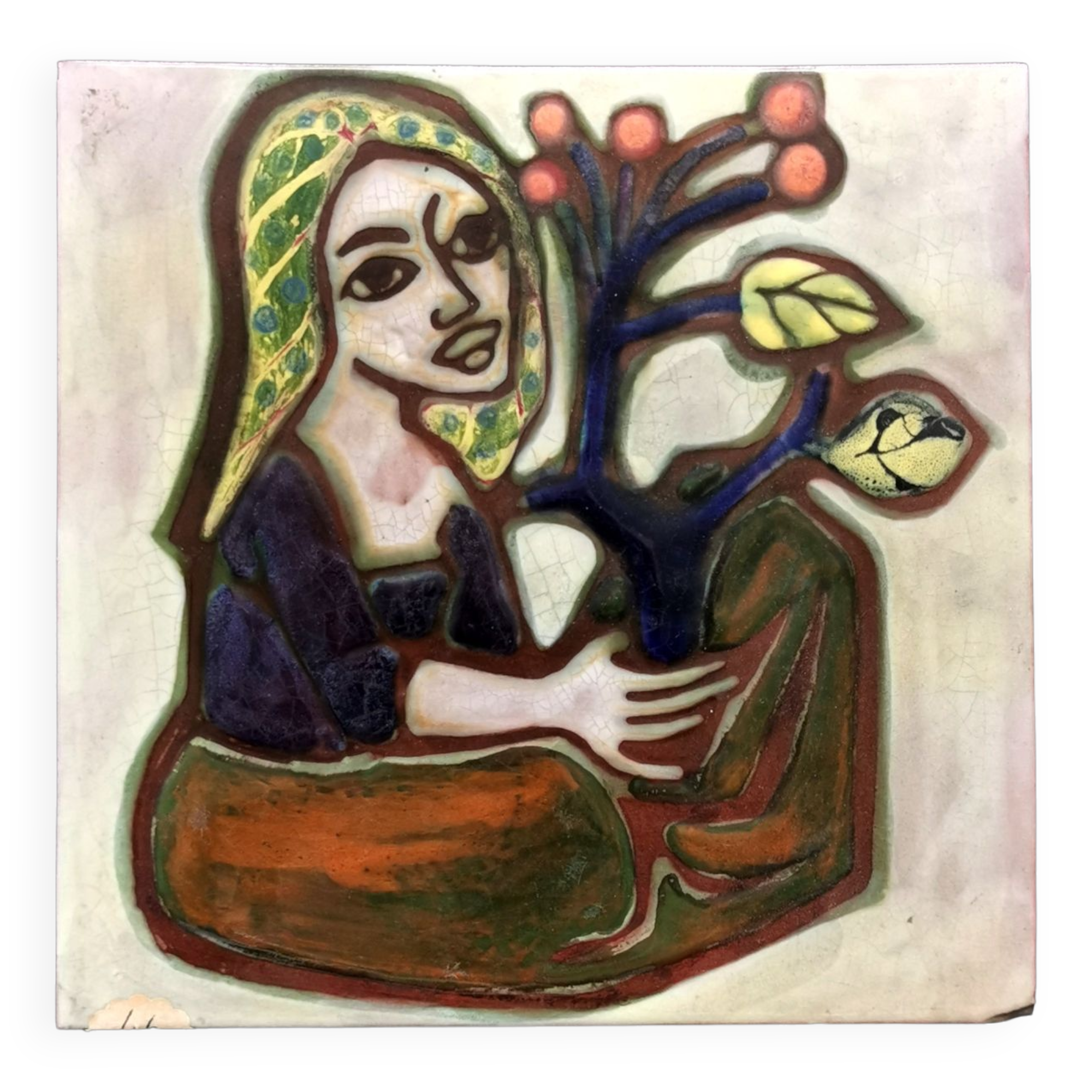 Painting tile in earthenware signed Jaqueline Bartre SANT VICENS CERAMIQUE 1970