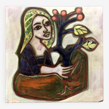 Painting tile in earthenware signed Jaqueline Bartre SANT VICENS CERAMIQUE 1970