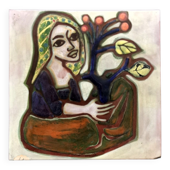 Painting tile in earthenware signed Jaqueline Bartre SANT VICENS CERAMIQUE 1970