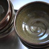 Antique stoneware teapot and its six signed bowls