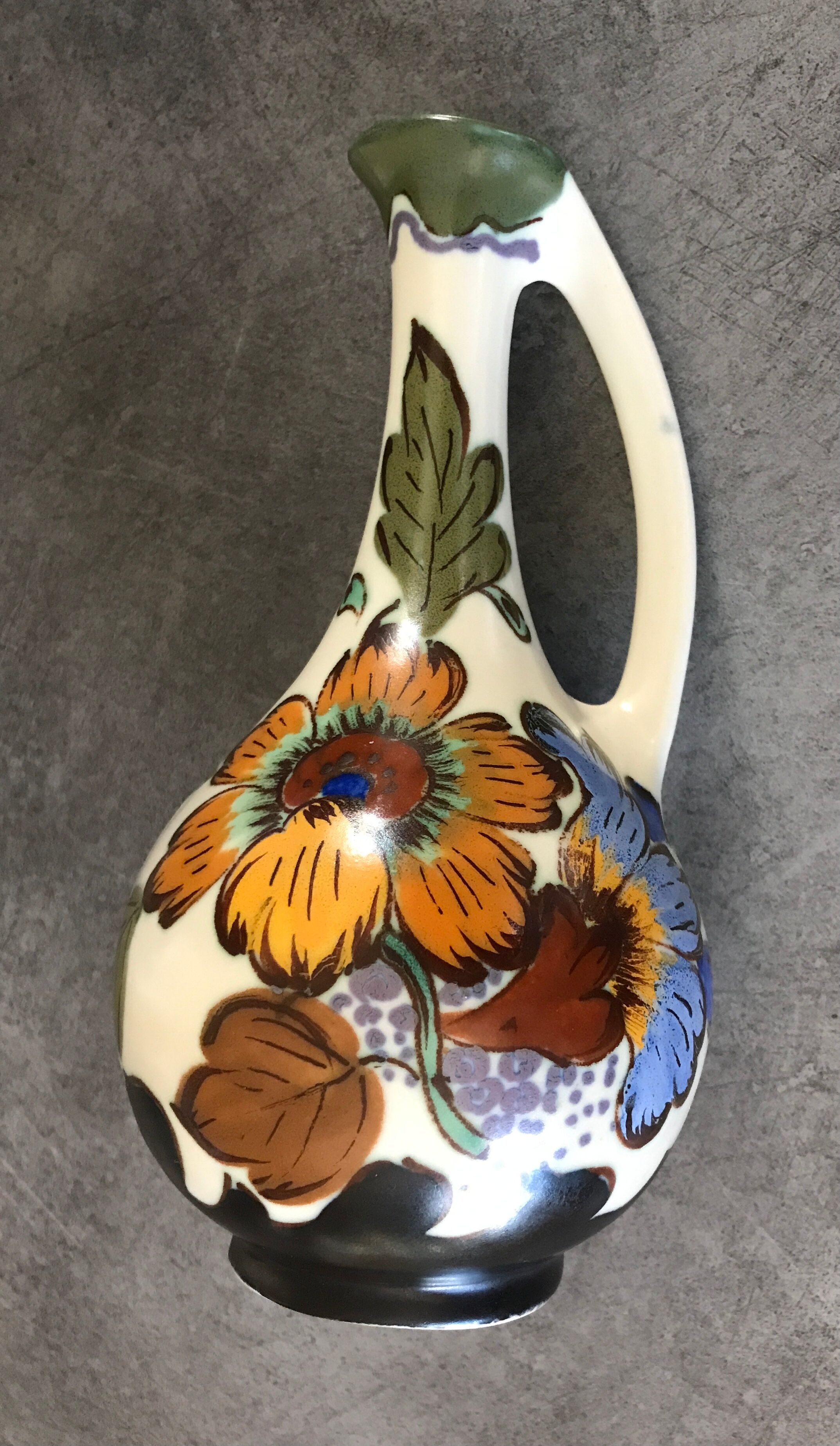 Old porcelain vase royal gouda holland decoration hand signed, 18 cm