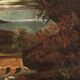 Antique painting landscape with characters from 18th century