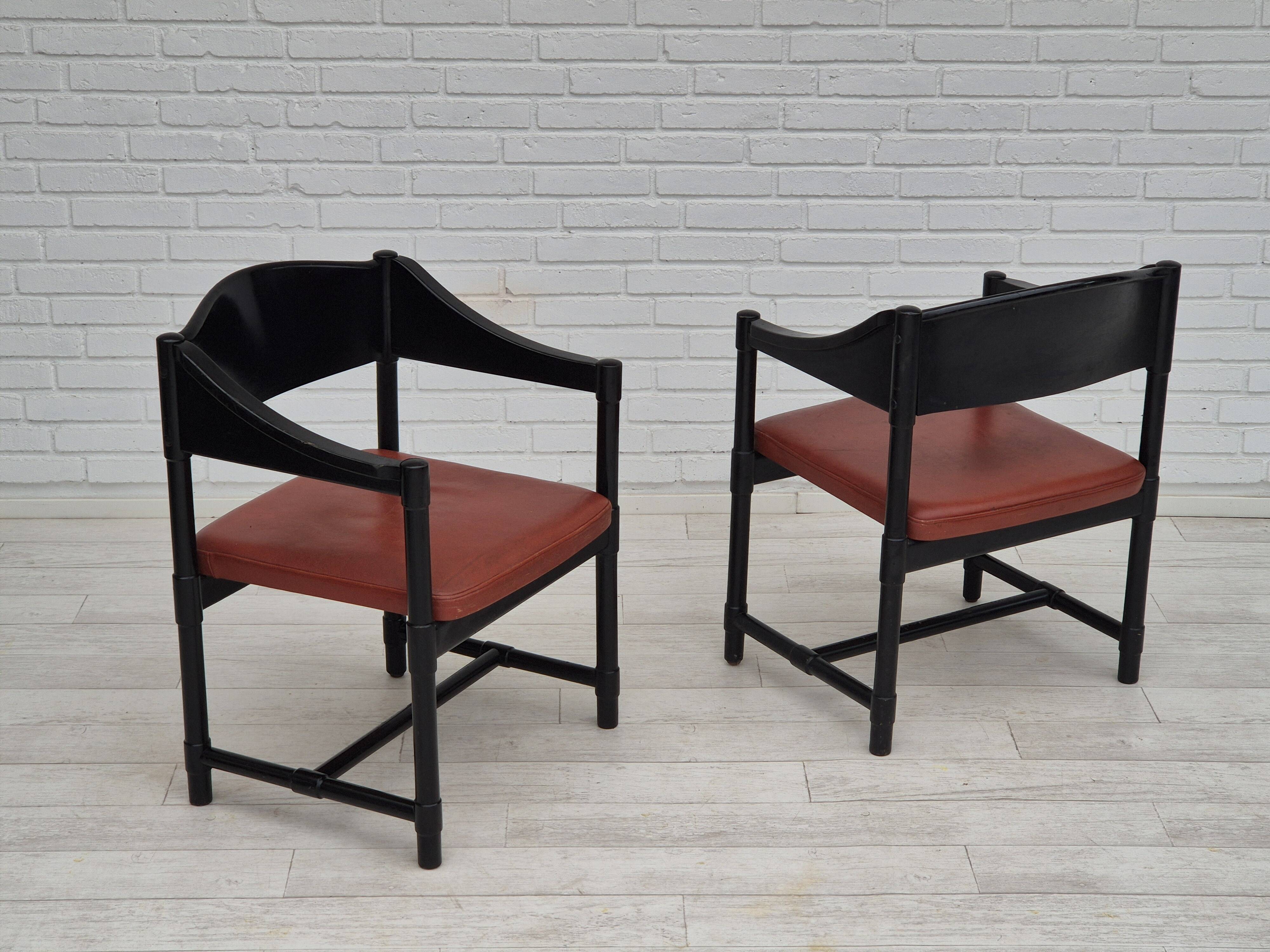 1970s, set of 2 Finnish armchairs by Lepokalusto, original condition, birch wood, leather.