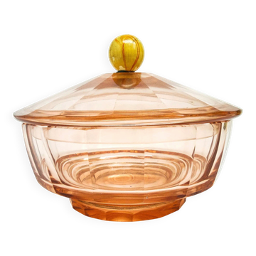 Art Deco bonbonniere, rosalin crystal, Moser, Czechoslovakia, 1930s