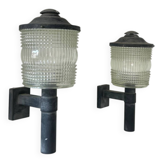 Paire d’applique vintage Perzel 1120 verre holophane, France 1950