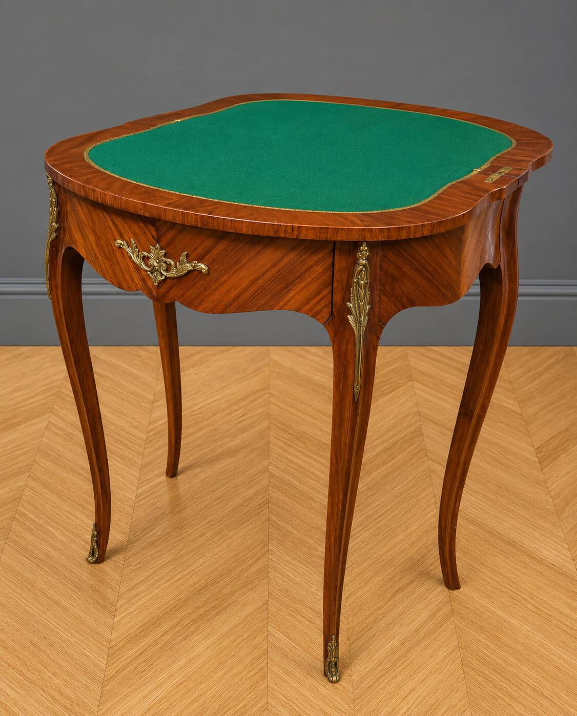 Half-moon gaming table in Louis XV style, made of precious wood marquetry.