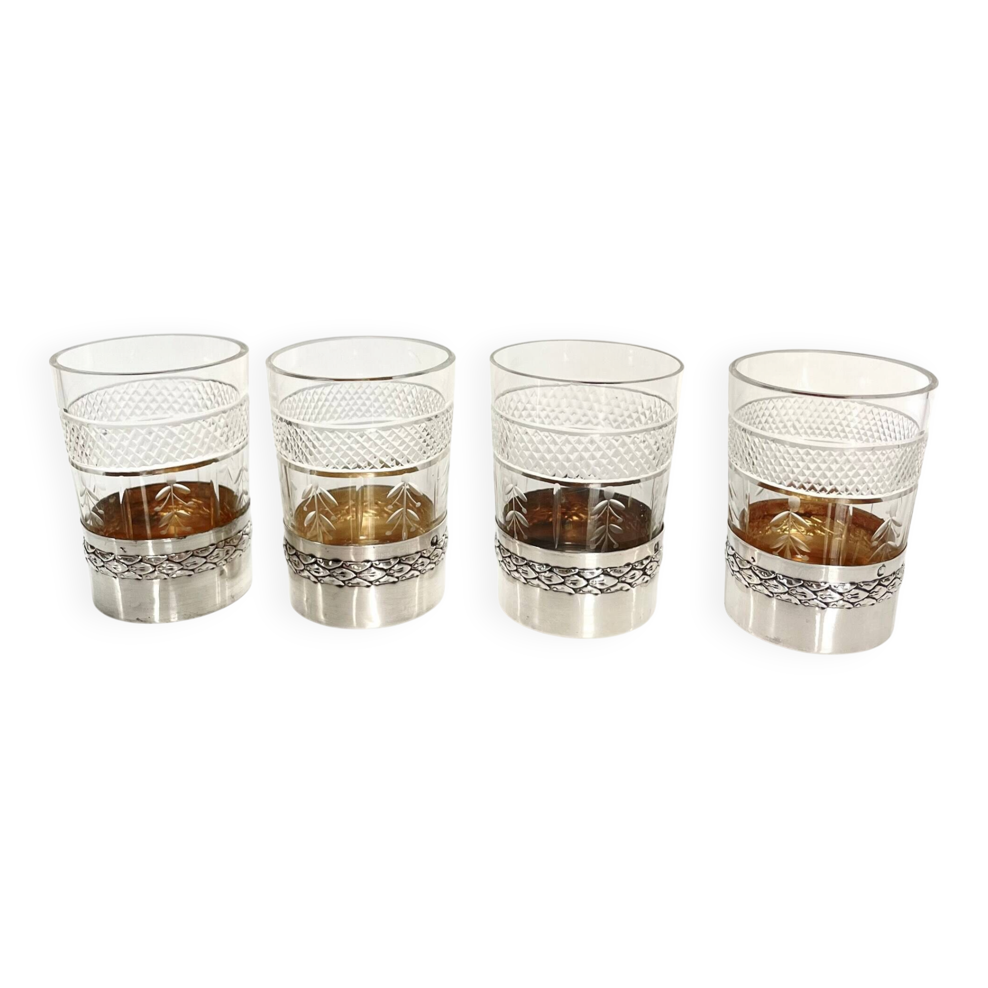 4 crystal and silver liqueur glasses – Late 19th - early 20th century