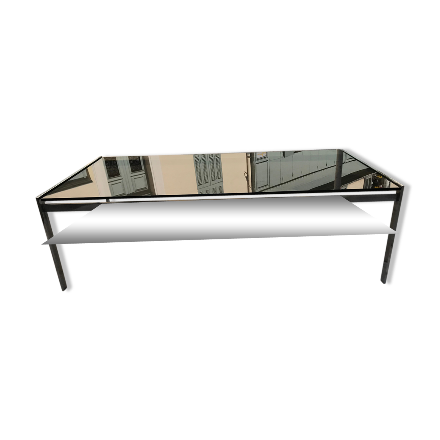 Table basse rectangulaire métal et verre St Gobain bleuté gris 1970