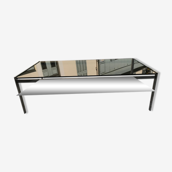 Table basse rectangulaire métal et verre St Gobain bleuté gris 1970