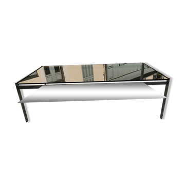 Table basse rectangulaire métal et verre St Gobain bleuté gris 1970