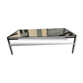 Table basse rectangulaire métal et verre St Gobain bleuté gris 1970