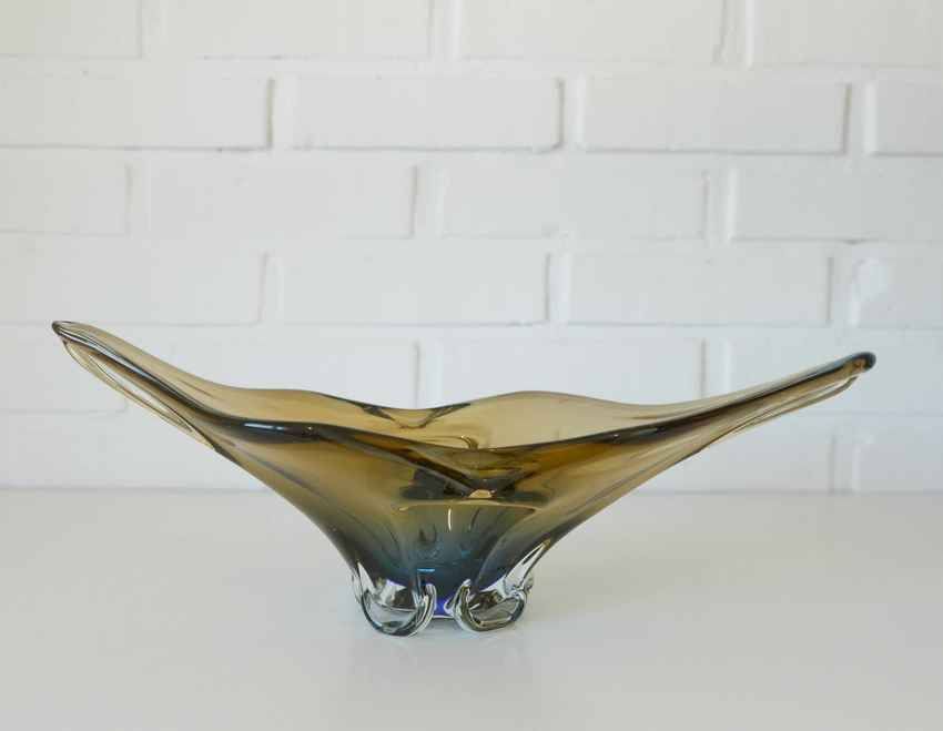 Vintage Art Glass Bowl, Hand Blown Murano Style, Yugoslavia 1960s, Large Centerpiece