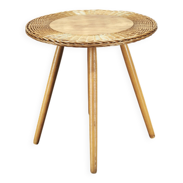 Jan Kalous Rattan and Beech Side Table, Czechoslovakia, 1970s