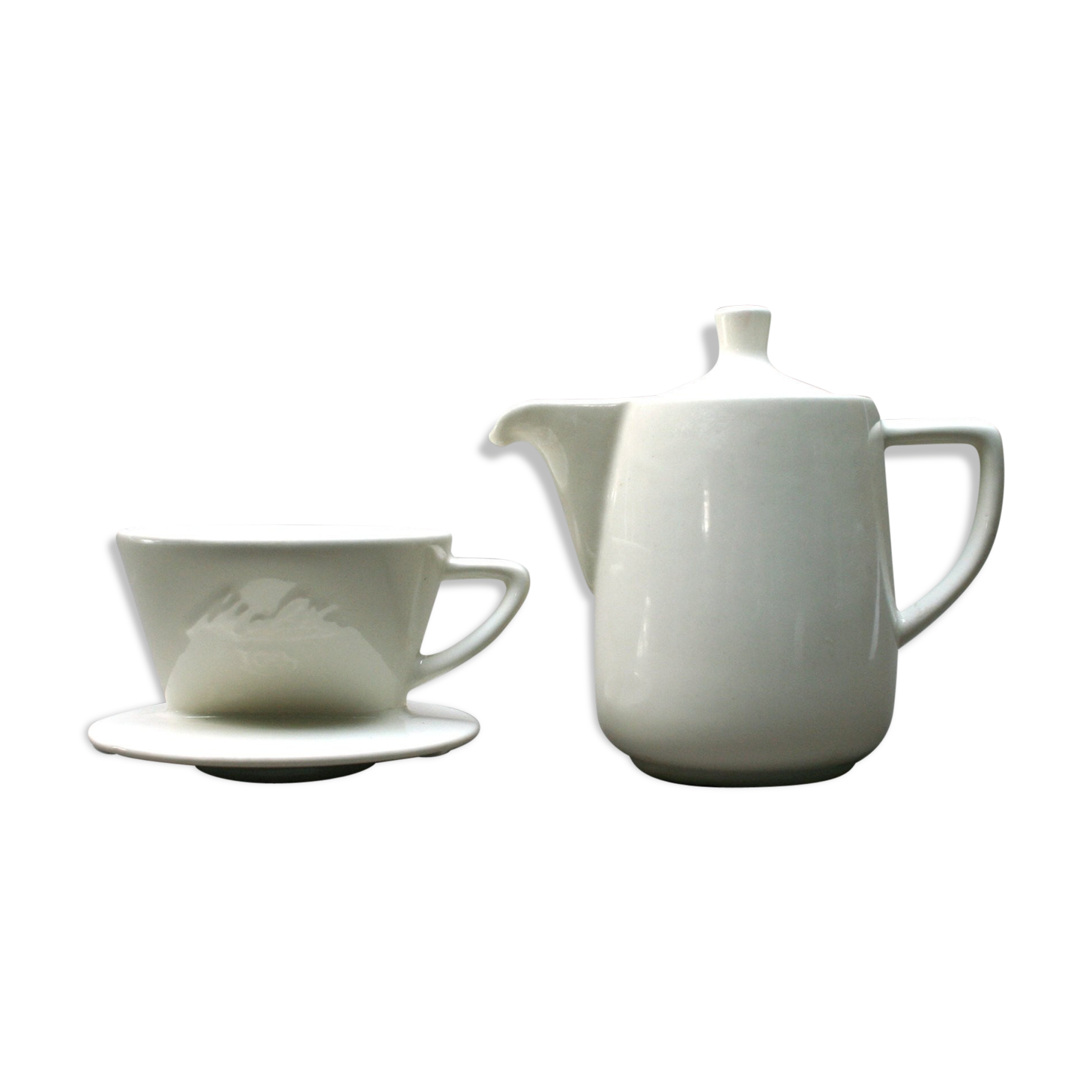 White ceramic coffeemaker and melitta filter, 60 years