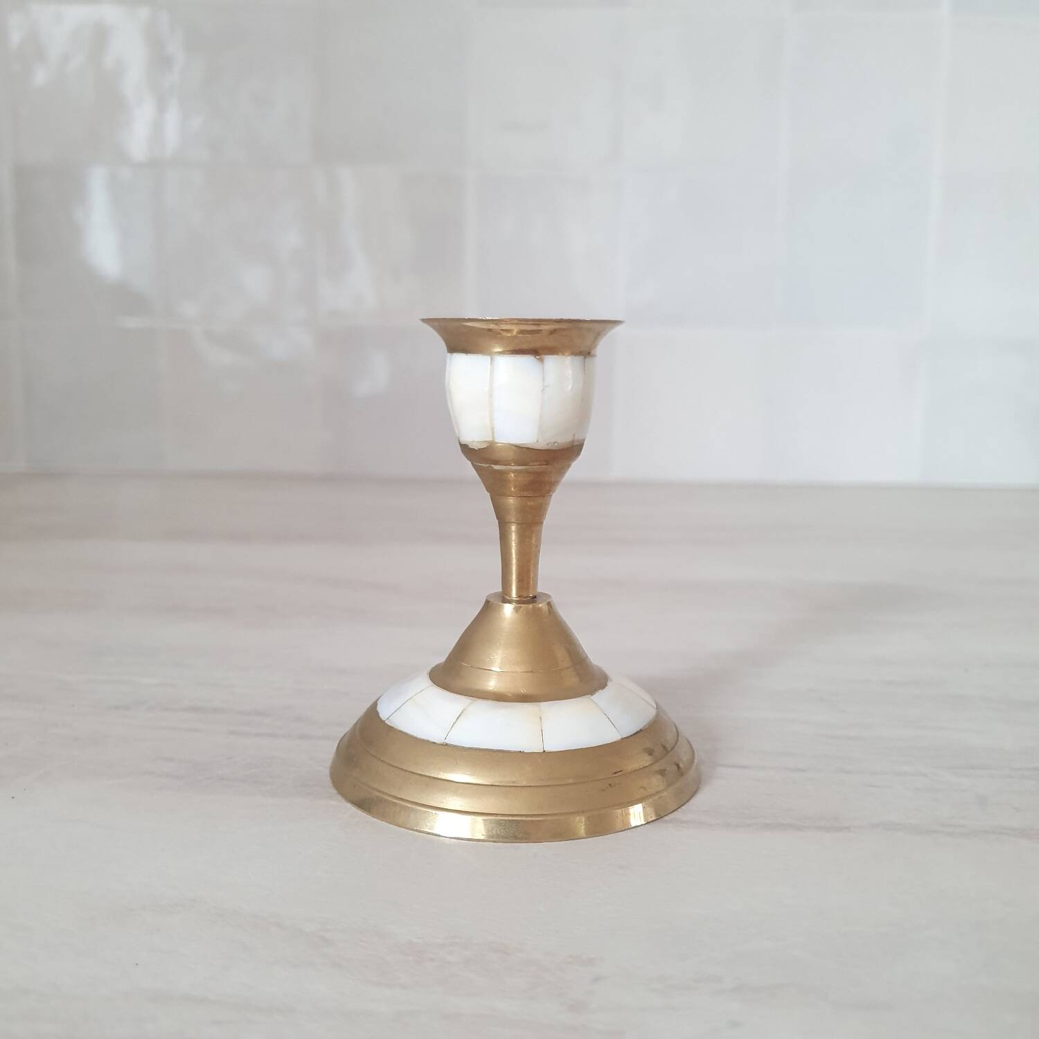 Brass and mother-of-pearl candle holder