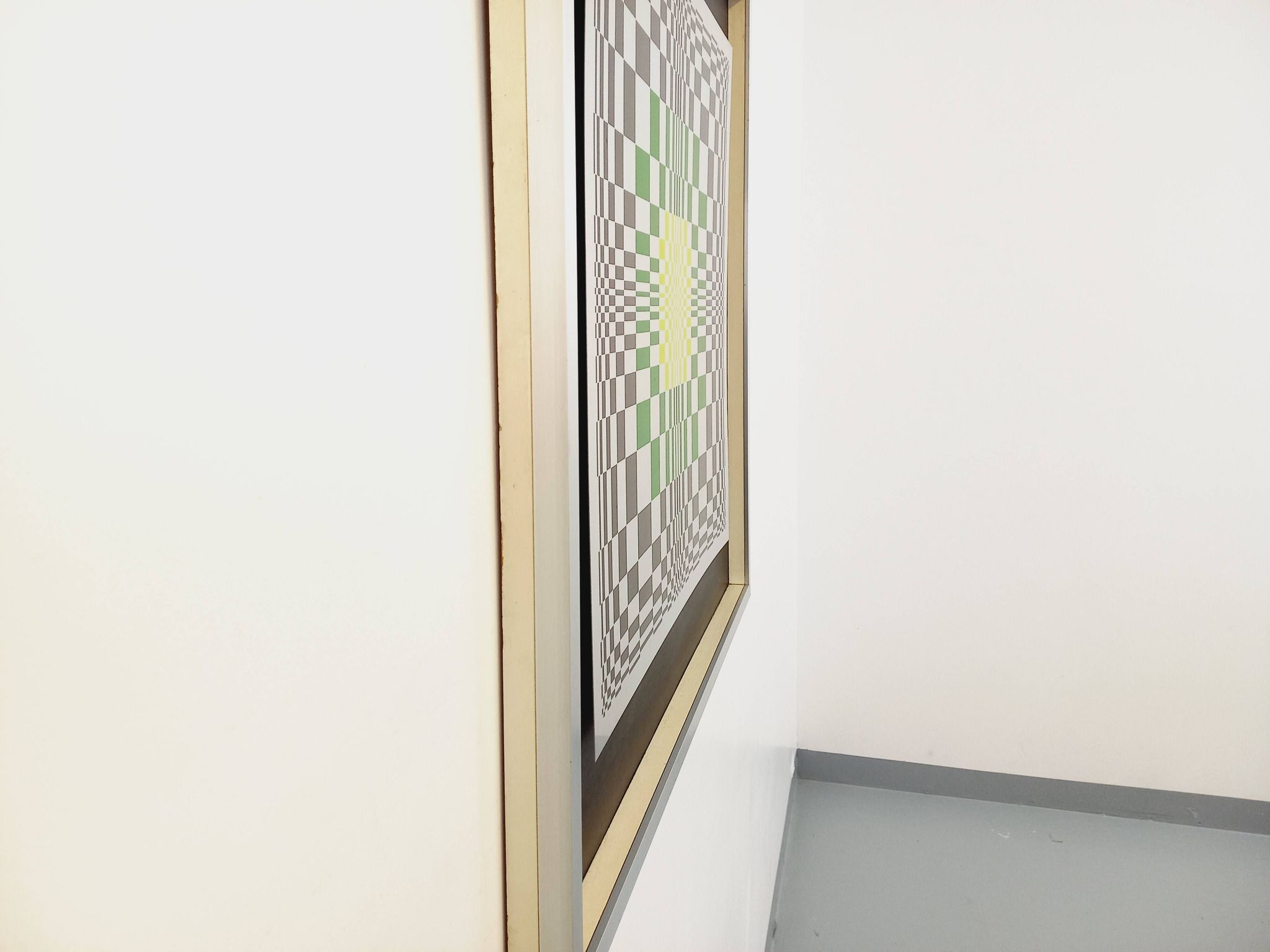 Typical silkscreen painting in kinetic checkerboard on aluminum, Italian abstract design in Vasarely style