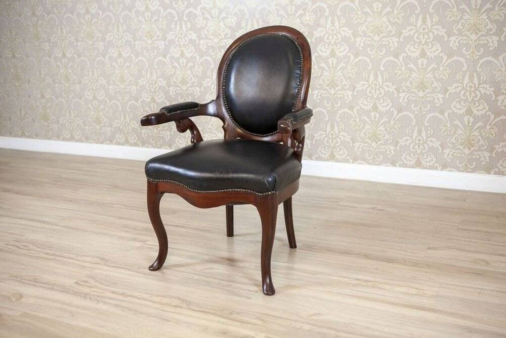 Late 19th Century Mahogany Armchair in Black Leather, 1890s
