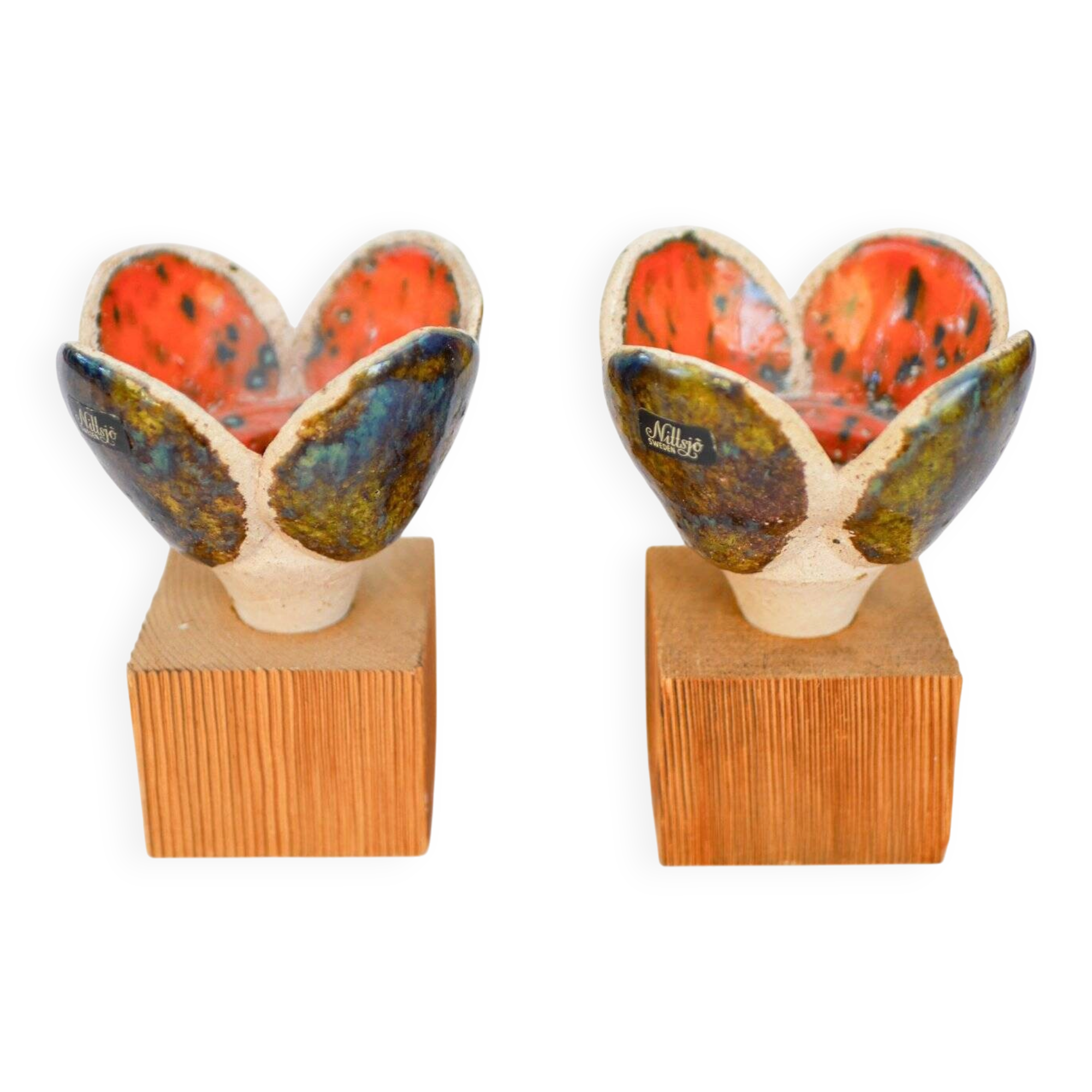 Bougeoirs en céramique et en bois de Nittsjö, Suède, années 1970, ensemble de 2