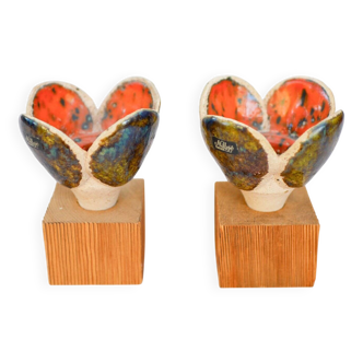 Ceramic and wood candleholders from Nittsjö, Sweden, 1970s, set of 2