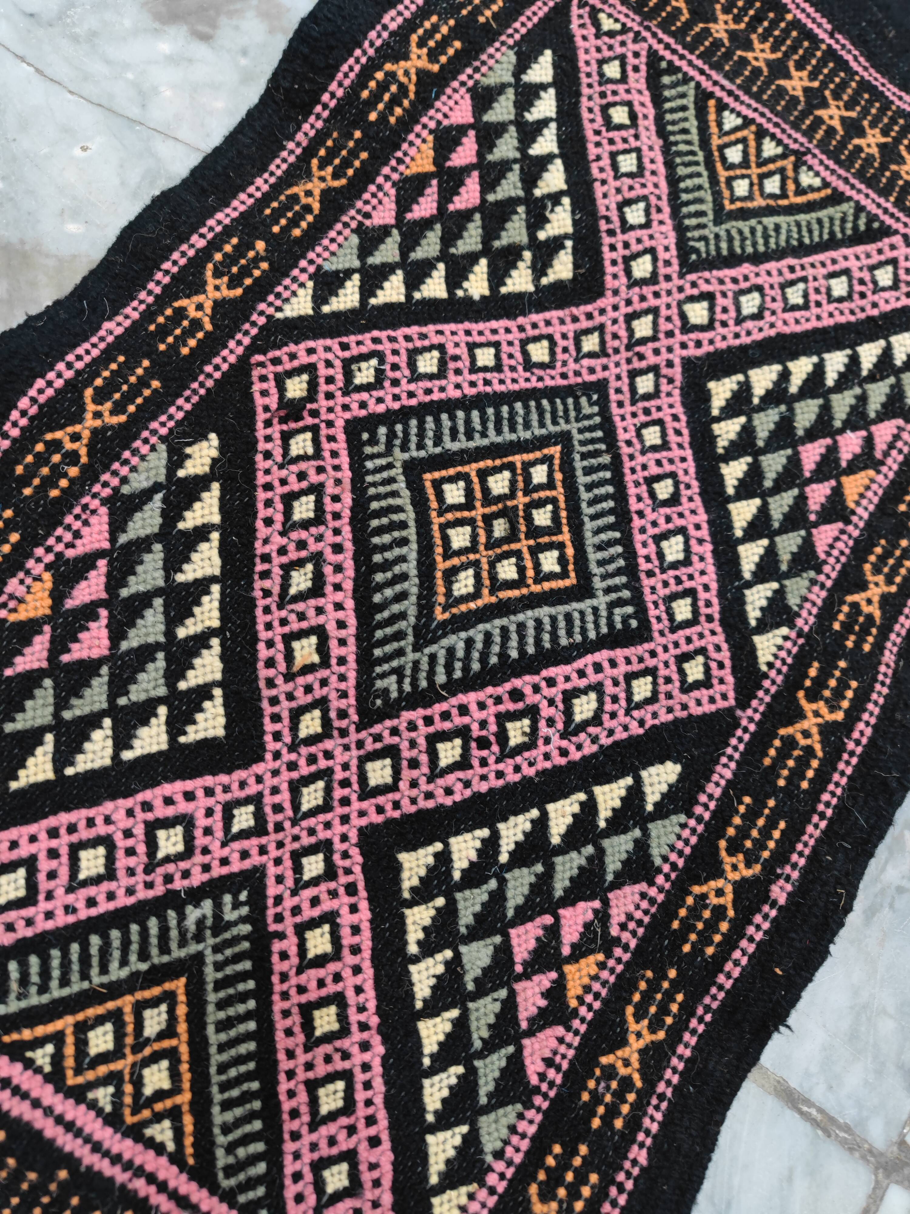 Colorful black margoum rug hand-woven in natural wool