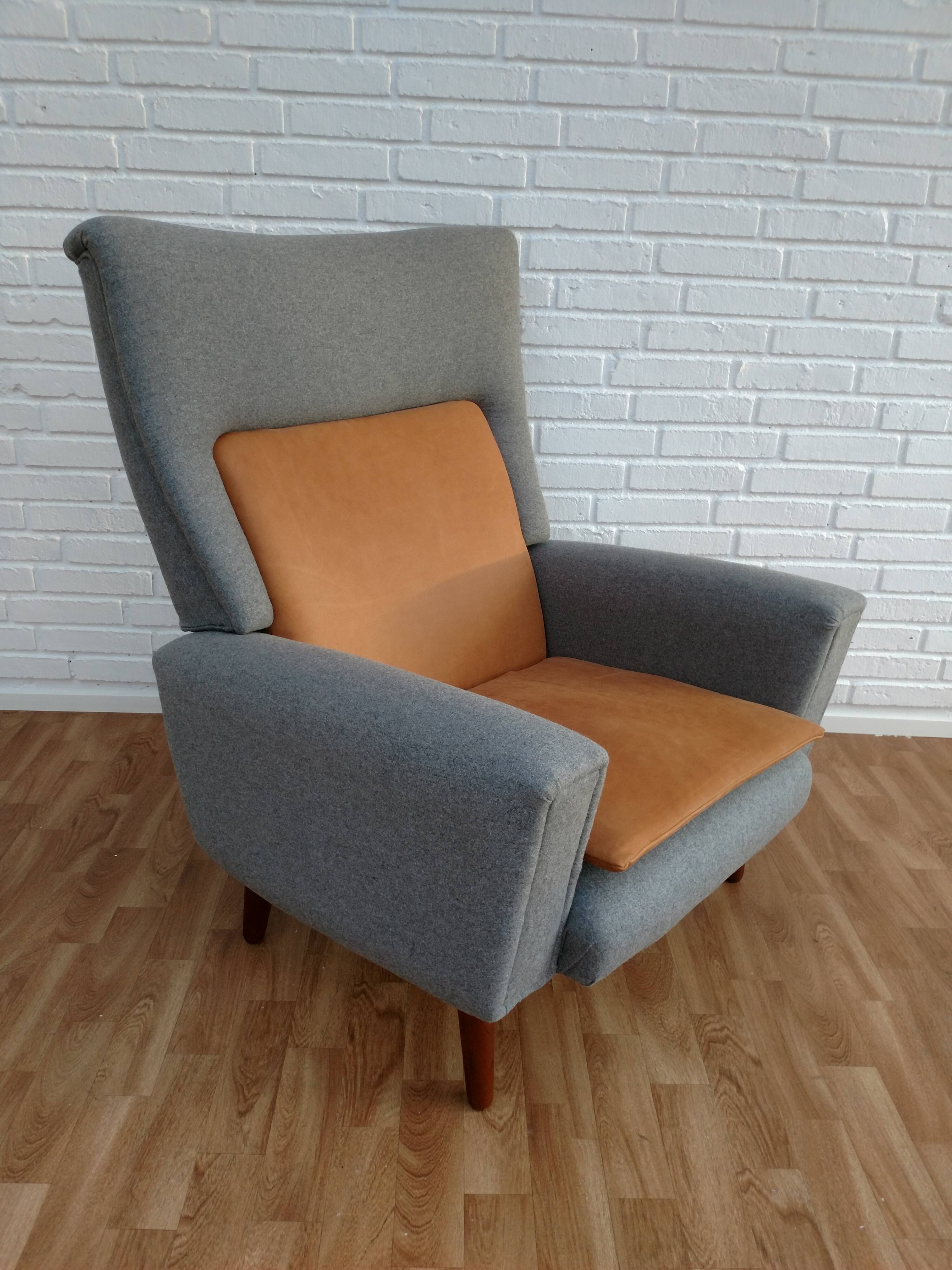 Danish designed armchair 70's, wool, nubuck leather, completely renovated