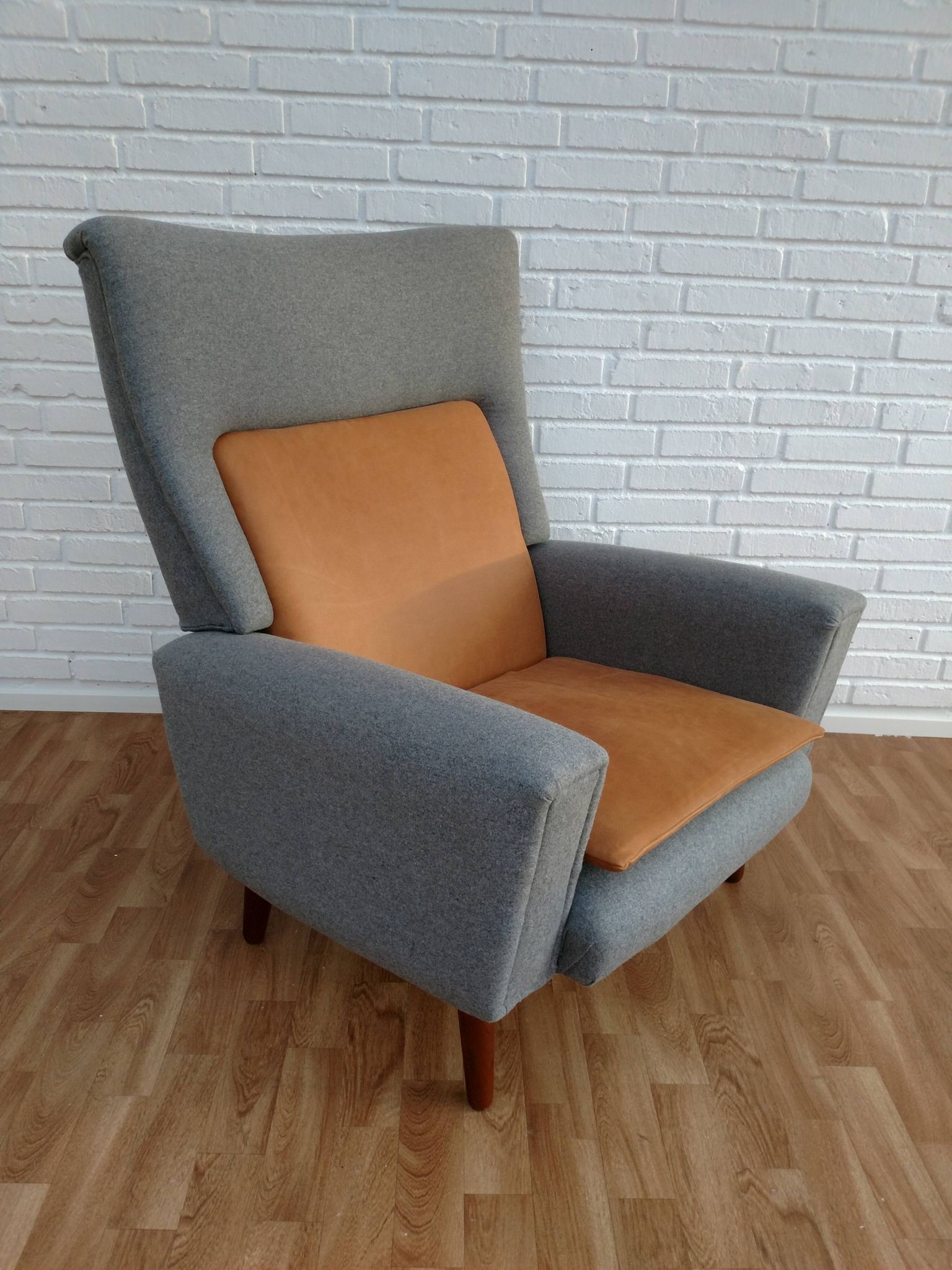 Danish designed armchair 70's, wool, nubuck leather, completely renovated