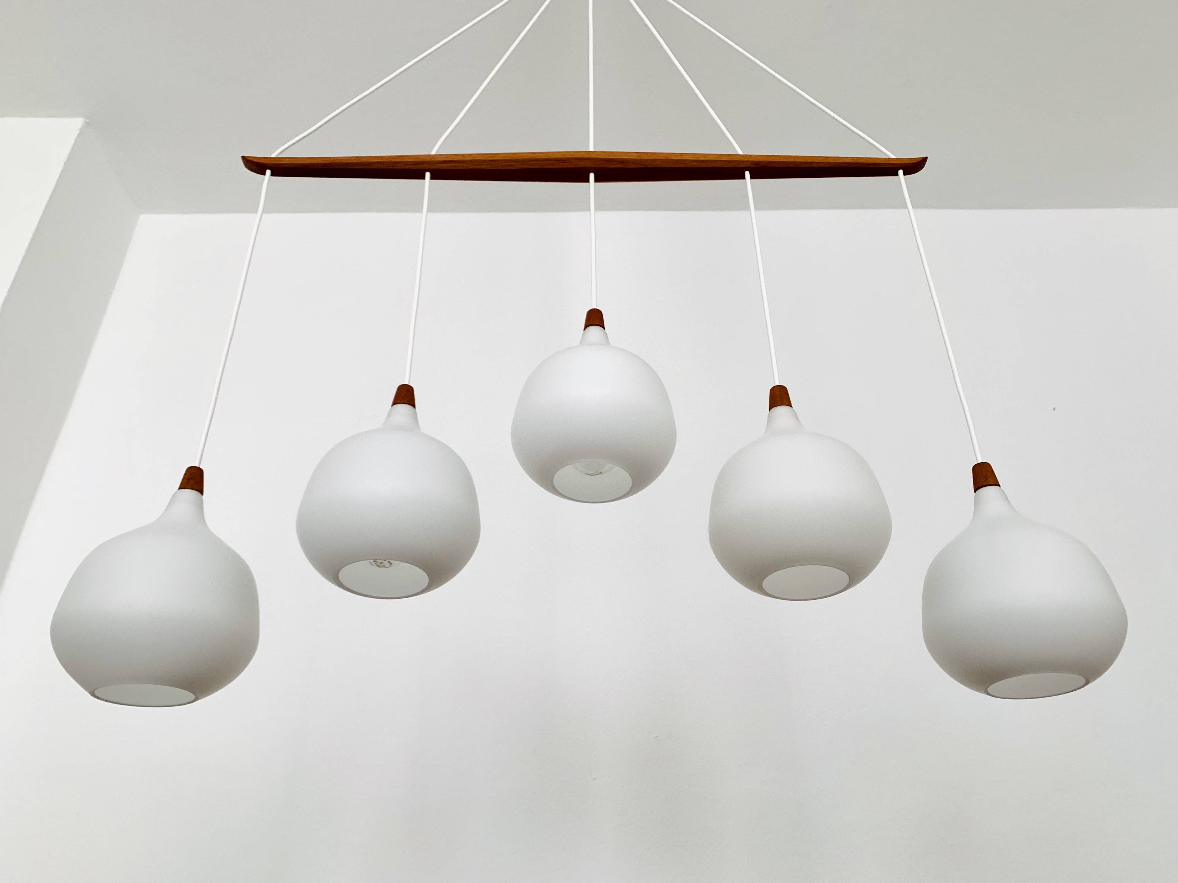 Opaline and Teak Chandelier by Uno and Östen Kristiansson for Luxus