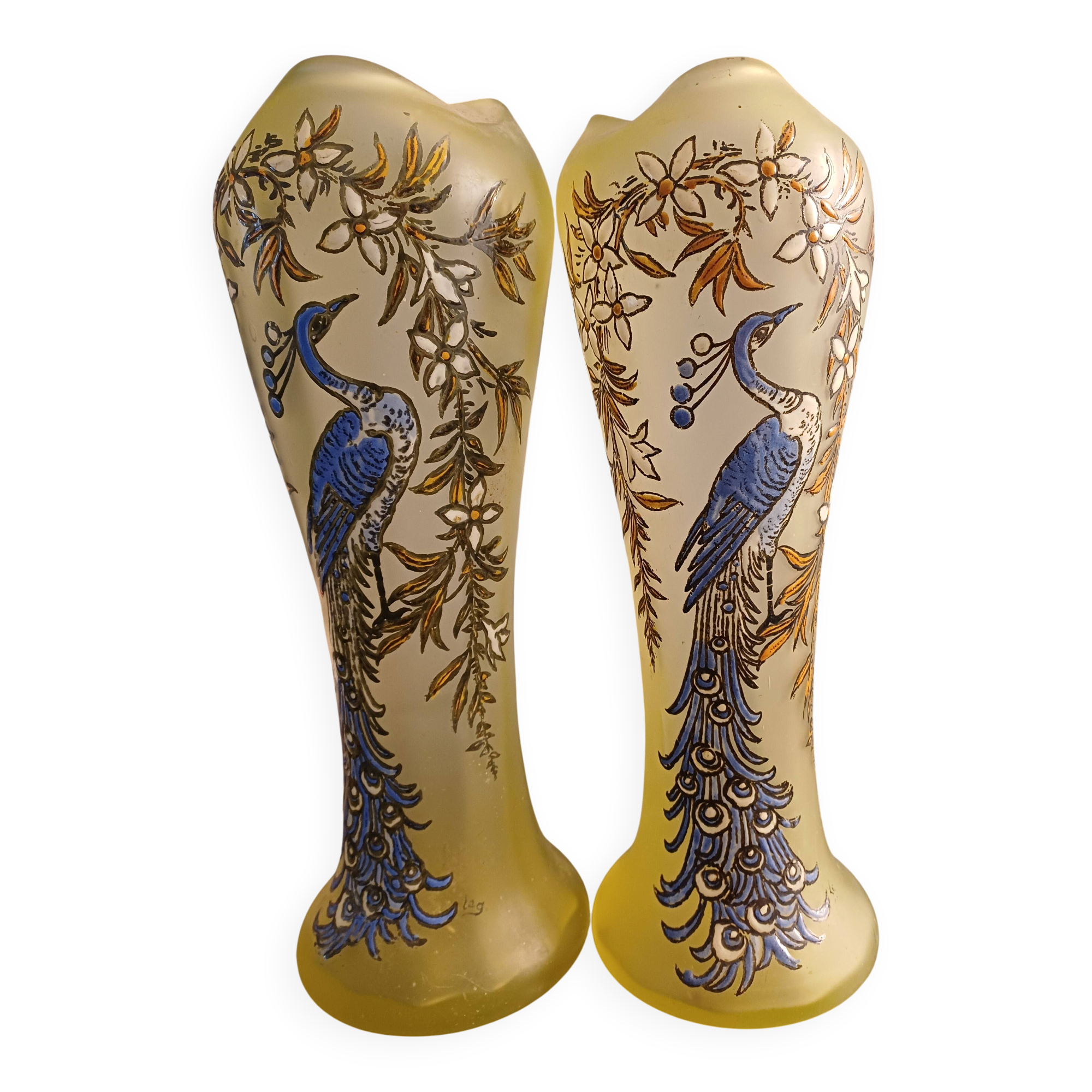 Pair of Legras vases in peacock glass