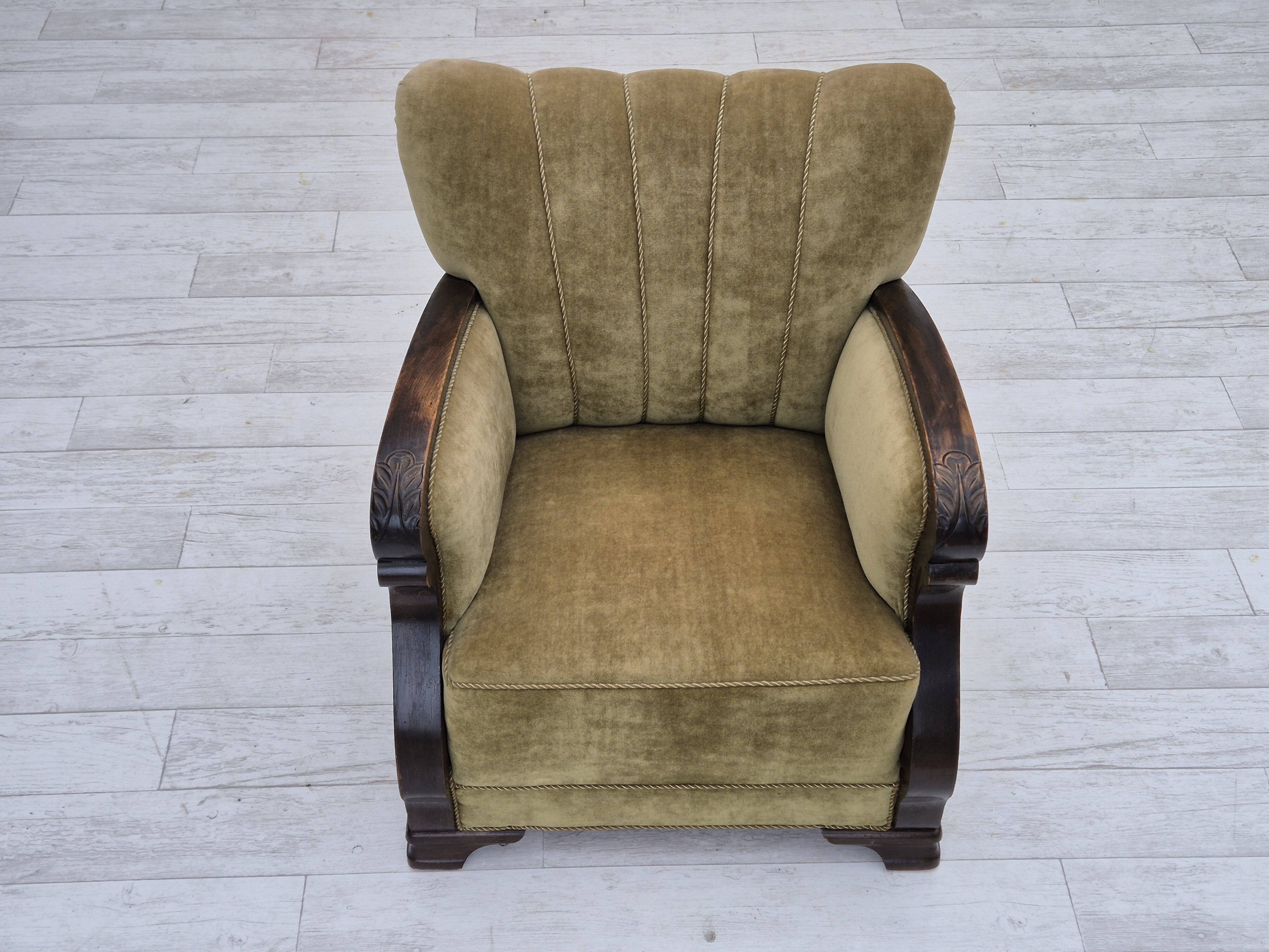 1950s, Danish relax armchair, green furniture velour, beech wood.