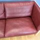 Mid century modern danish maroon leather & beech 2.5 seat sofa settee