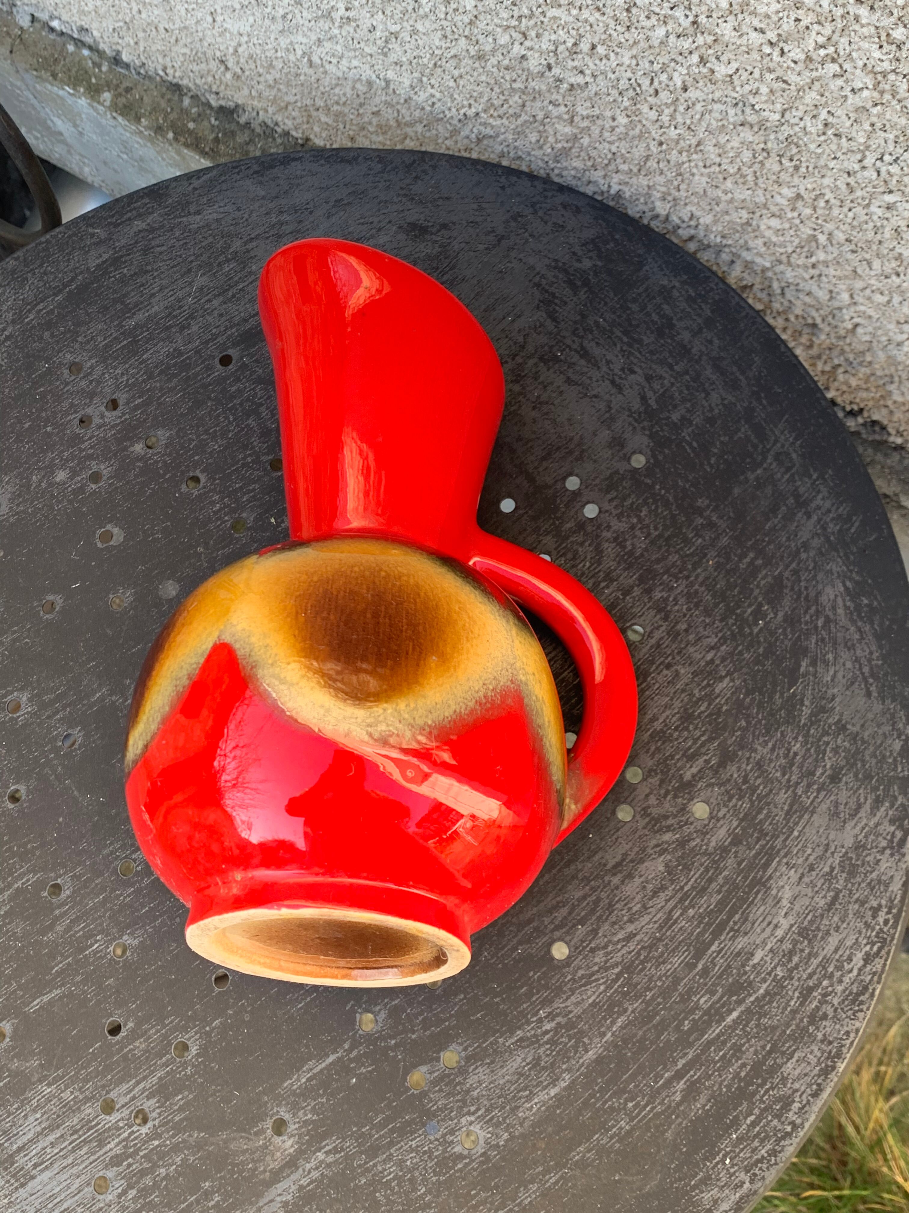 Red and beige glazed ceramic jug, pitcher, carafe, designer and vintage