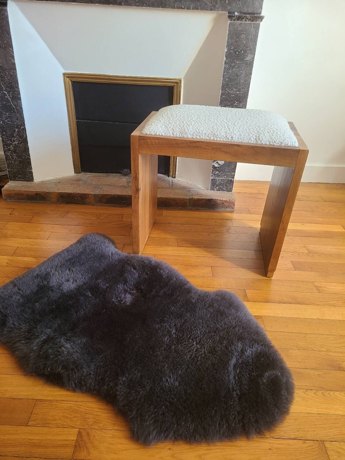 Antique Art Deco piano bench stool rosewood white bouclette fabric