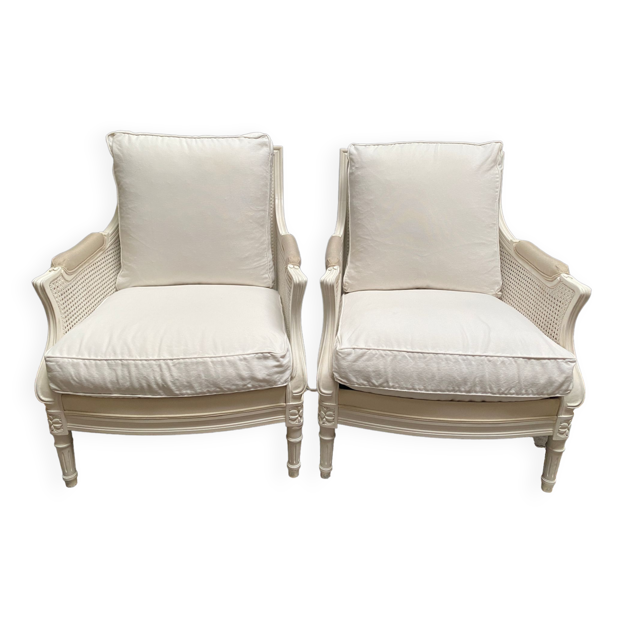 Pair of Louis XVI style caned Bergère armchairs