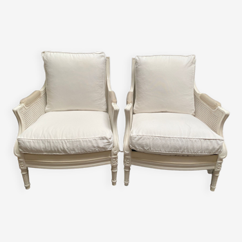 Pair of Louis XVI style caned Bergère armchairs
