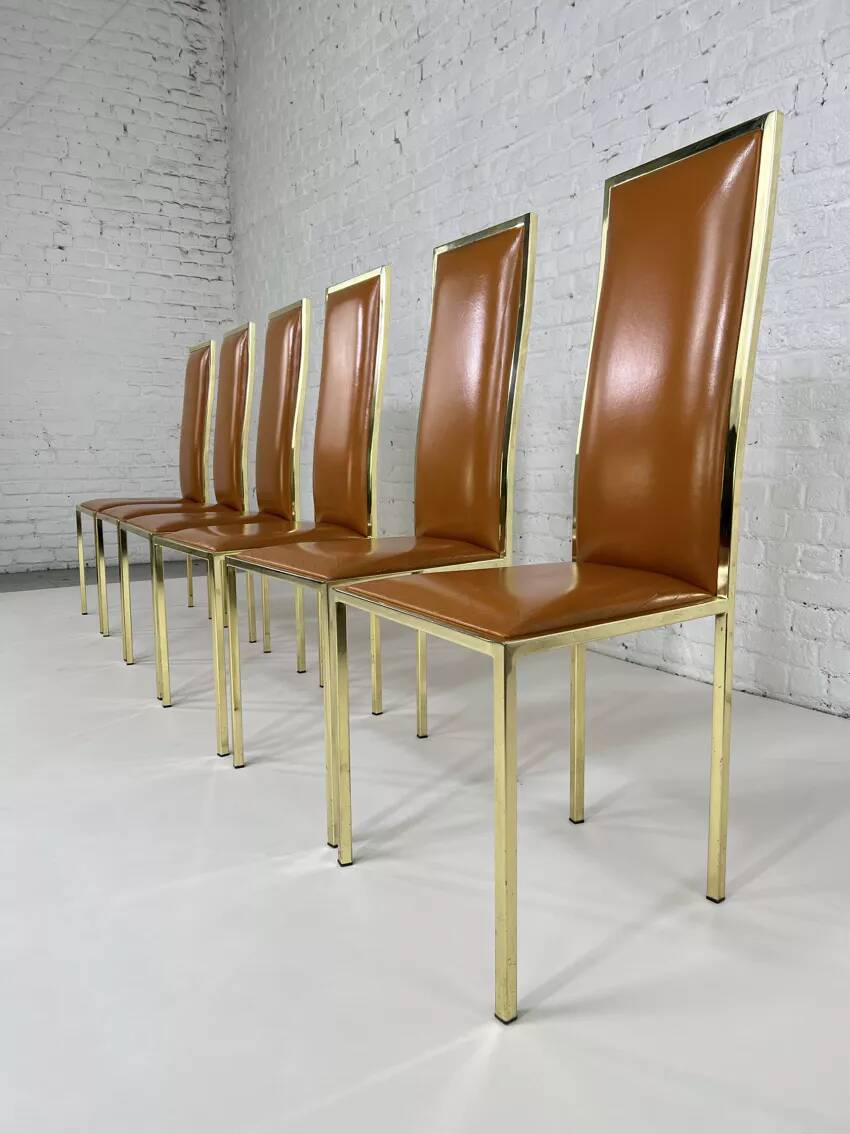 Set of 6 brass and leather chairs, Italian design from the 70s