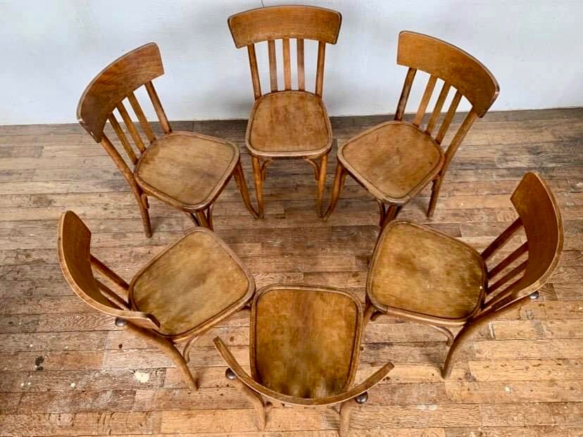 Series of 6 old light wood bistro chairs