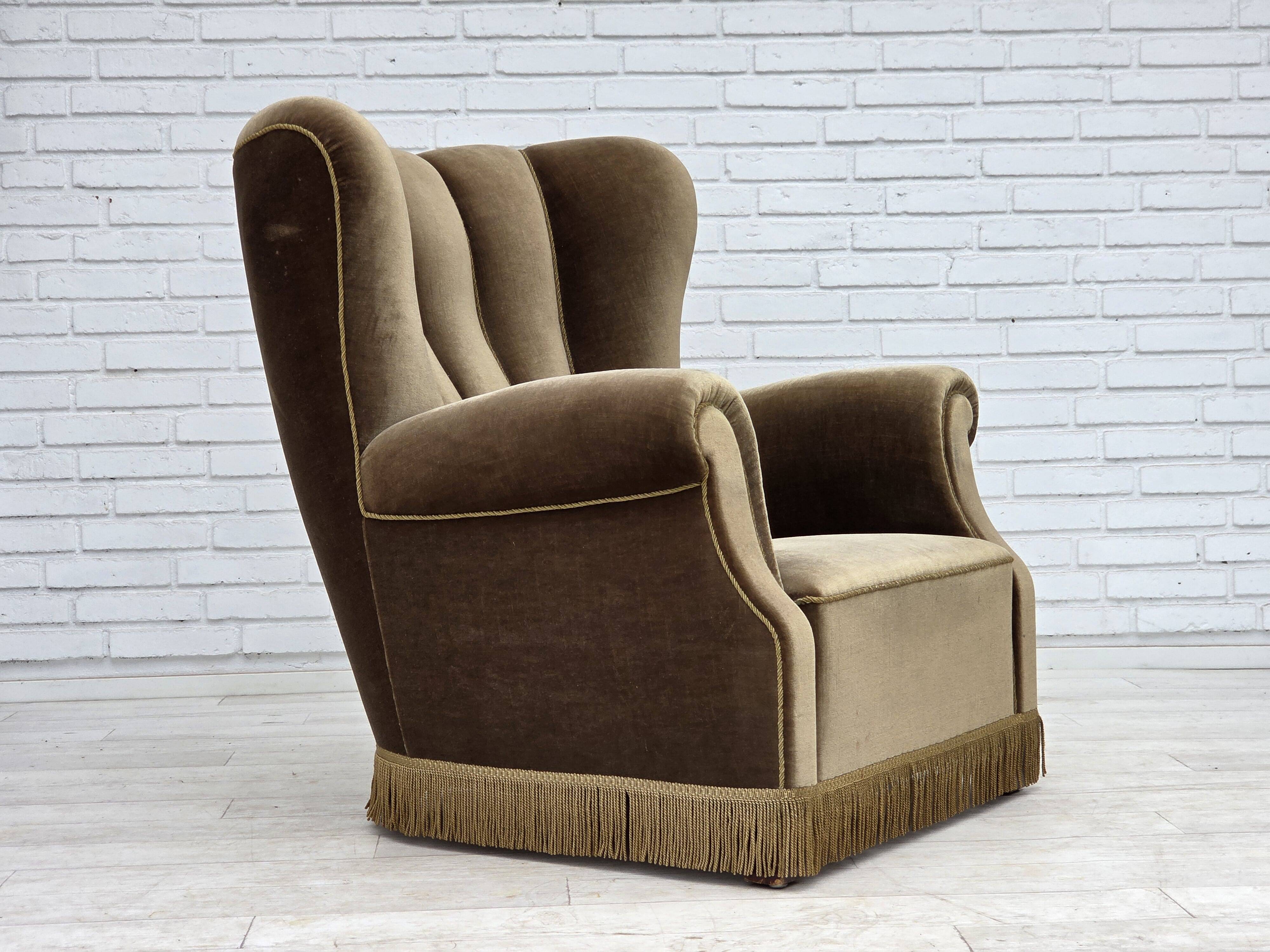 1960s, Danish relax armchair, dark green furniture velour, ash wood.