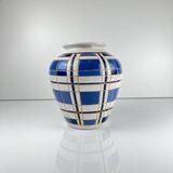 Vintage vase from the 50s, glazed earthenware, blue and white geometric decoration