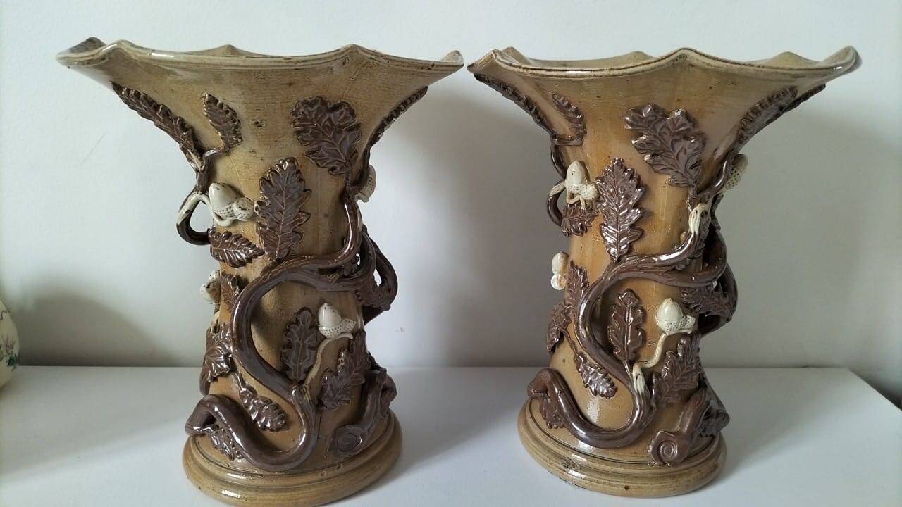 Duo of naturalistic stoneware vases – oak branches & acorns in relief