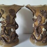 Duo of naturalistic stoneware vases – oak branches & acorns in relief