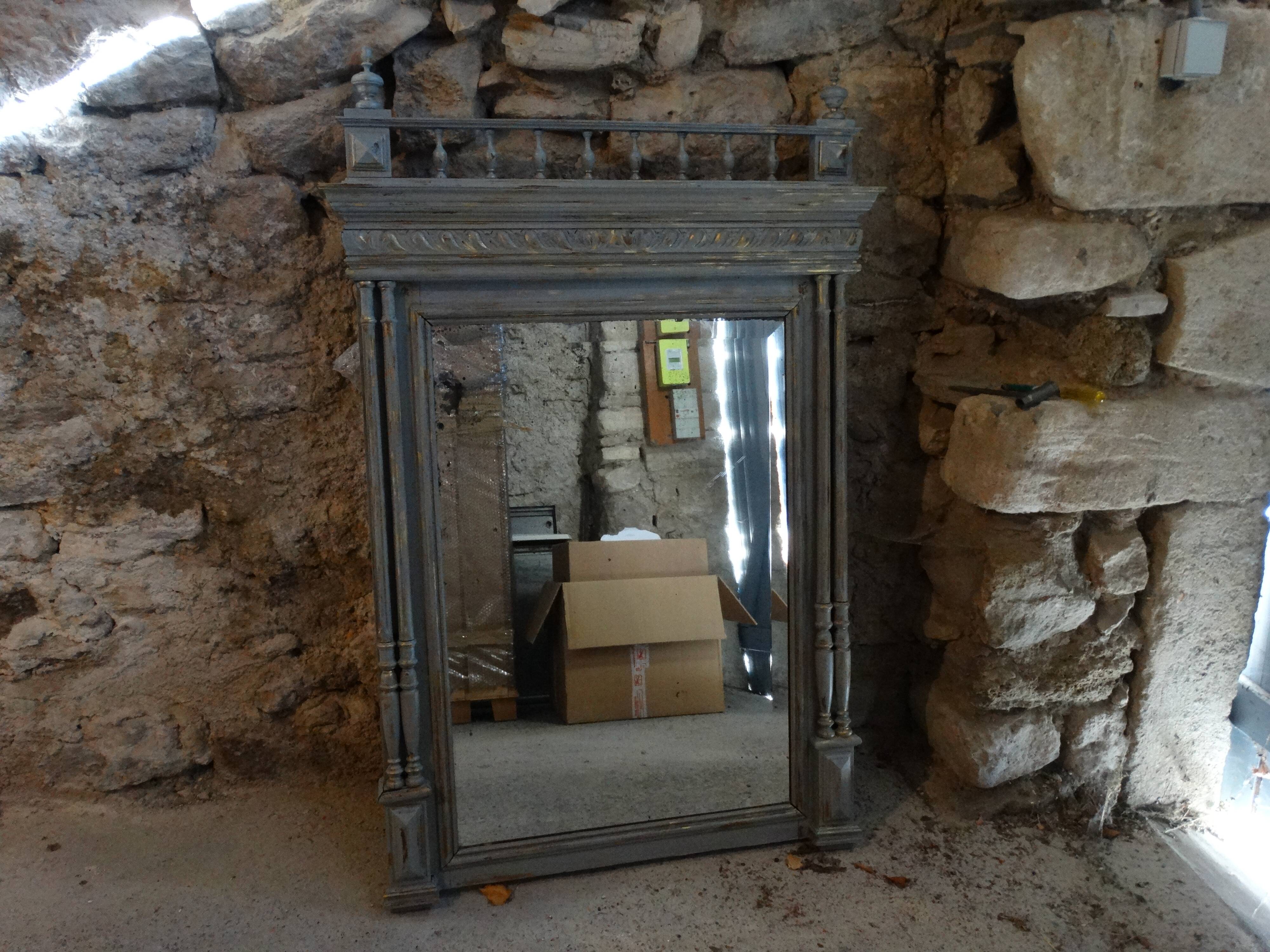 Large mirror style Henry II- shabby makeover chic- light gray and gold 86X129cm