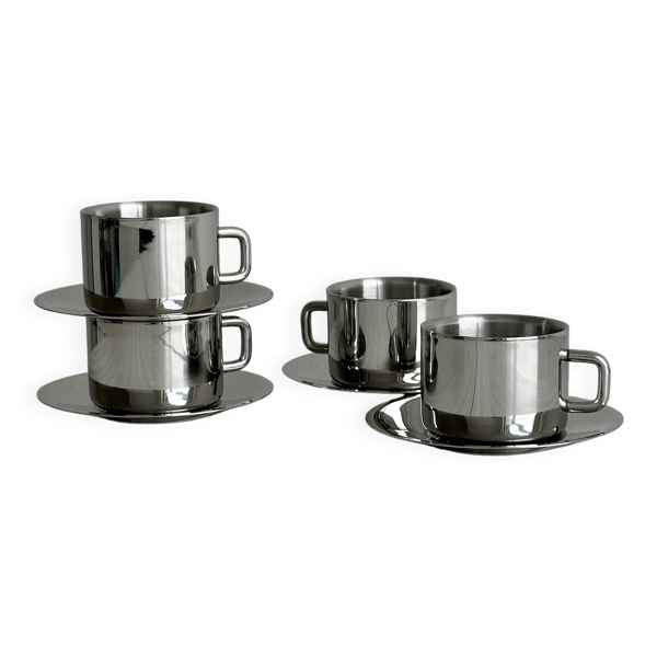 Lot de 4 tasses à café en inox avec sous-tasses