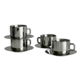 Set of 4 stainless steel coffee cups with saucers