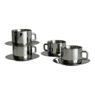Set of 4 stainless steel coffee cups with saucers
