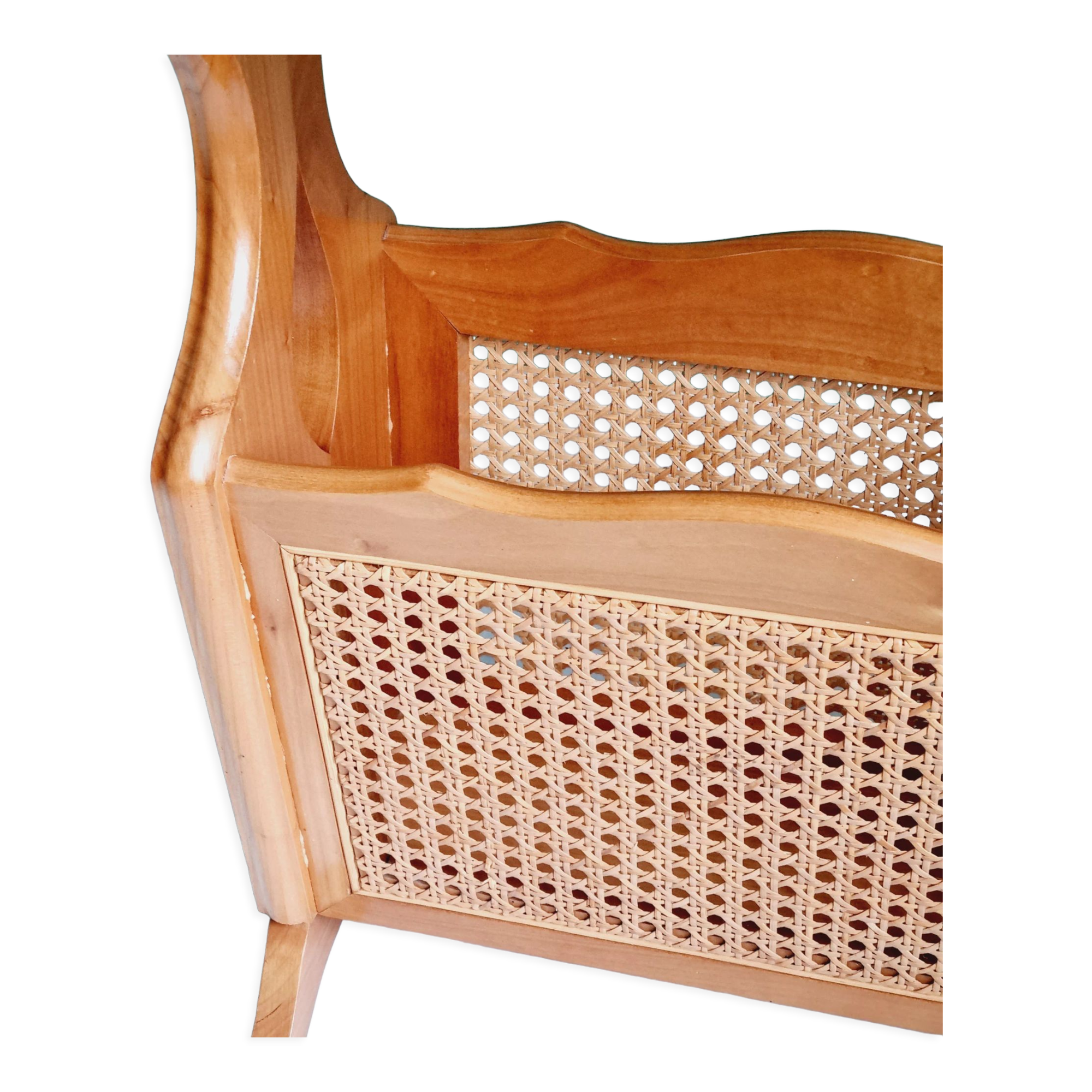 Side table with wooden and cane magazine holder