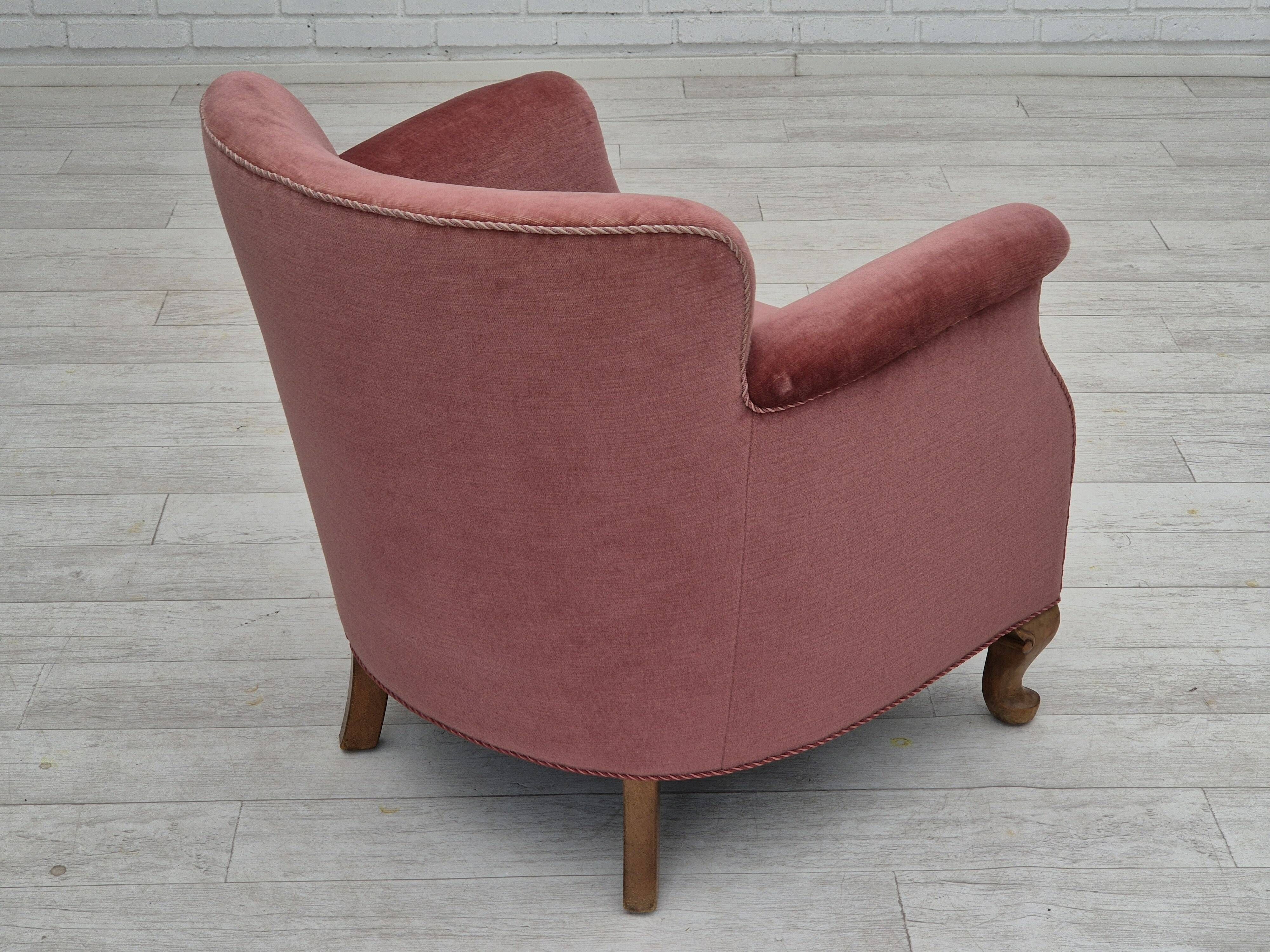 1960s, pair of Danish lounge chairs, original condition, light pink furniture velour.