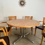 Old inlaid wood table designed by Dieter Waeckerlin Idealheim from the 70s with metal foot
