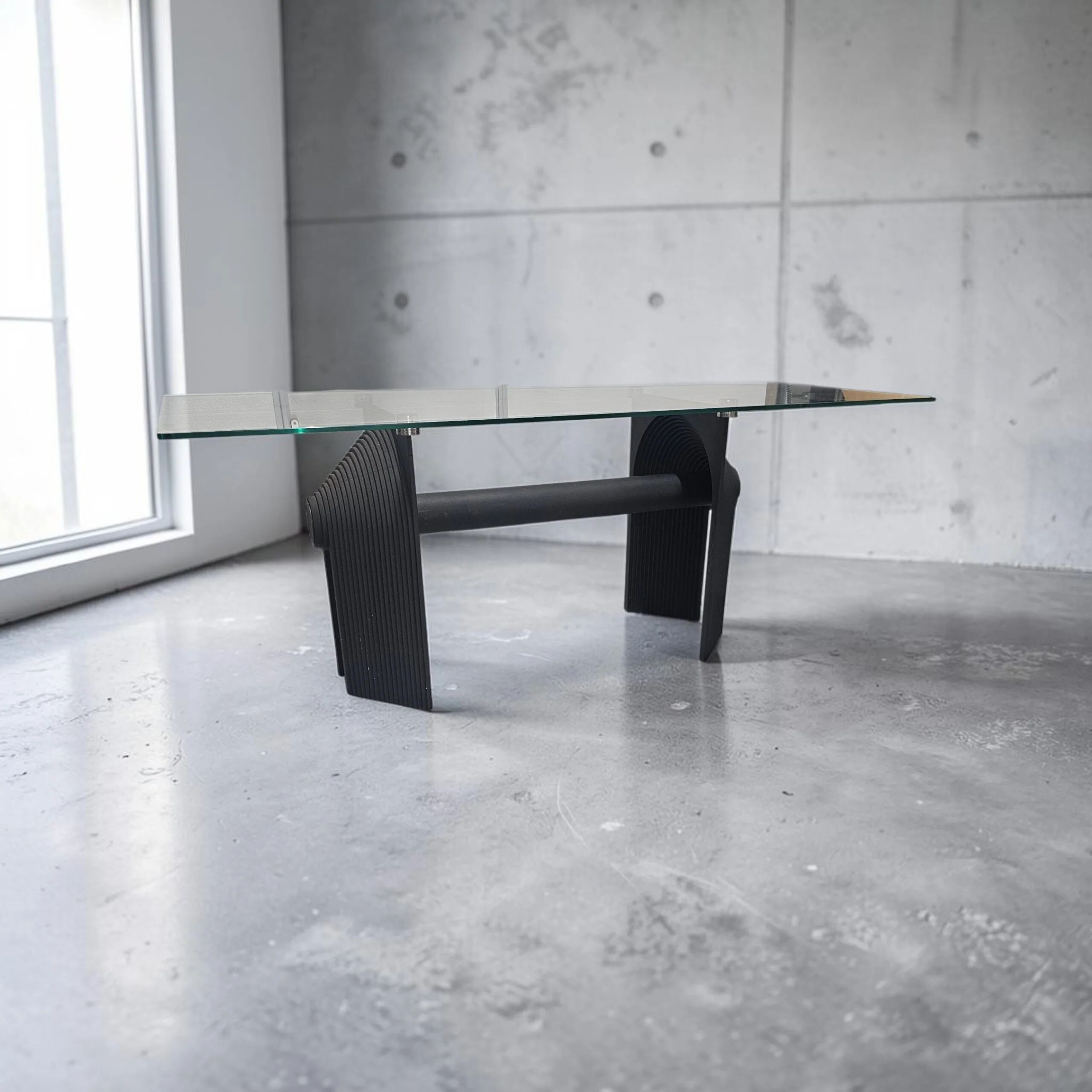 Post Modern Cast Iron Black Dining Table or Desk with Glass Top / 1980s
