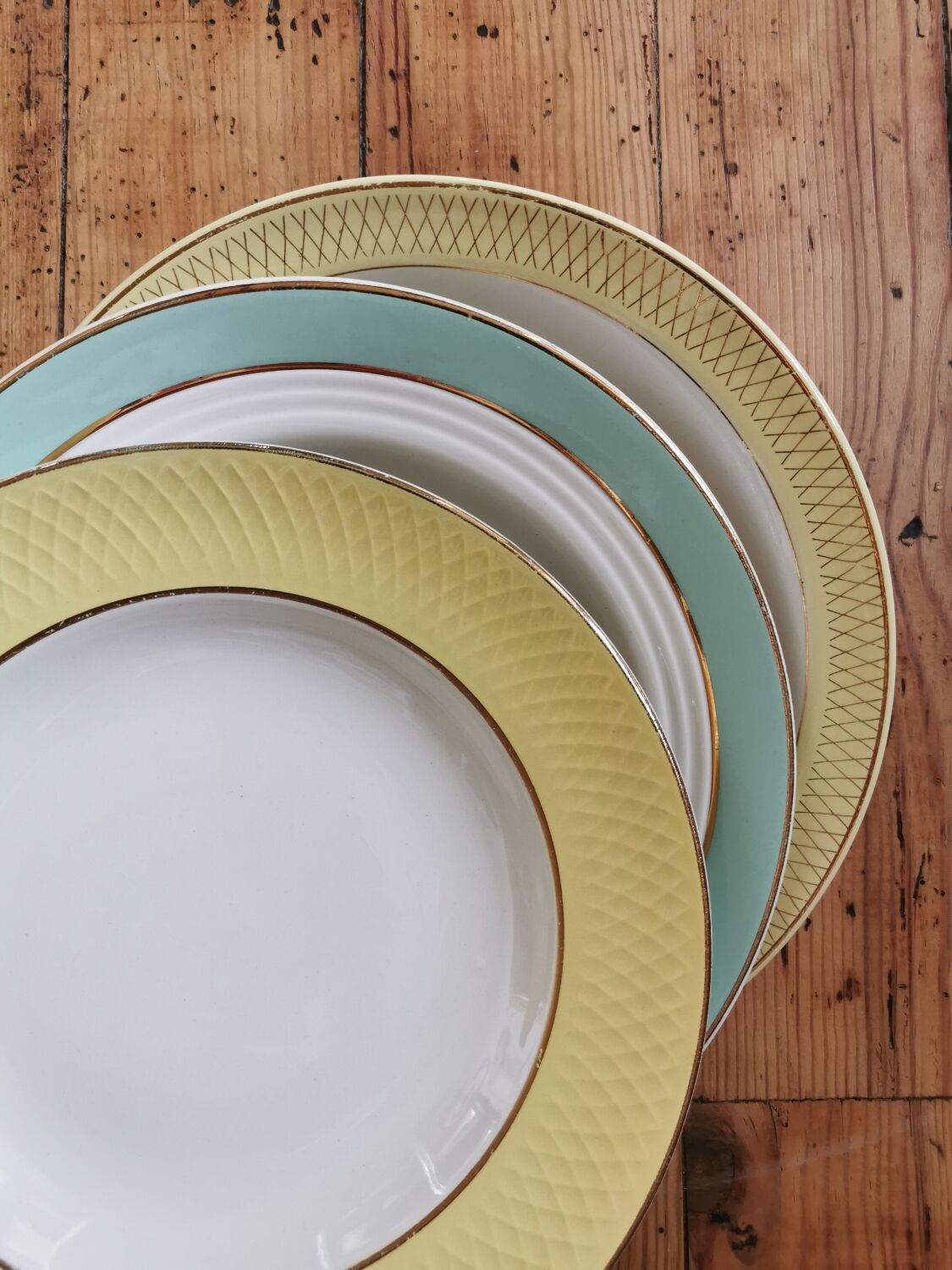 Vintage mismatched hollow plates mint & yellow