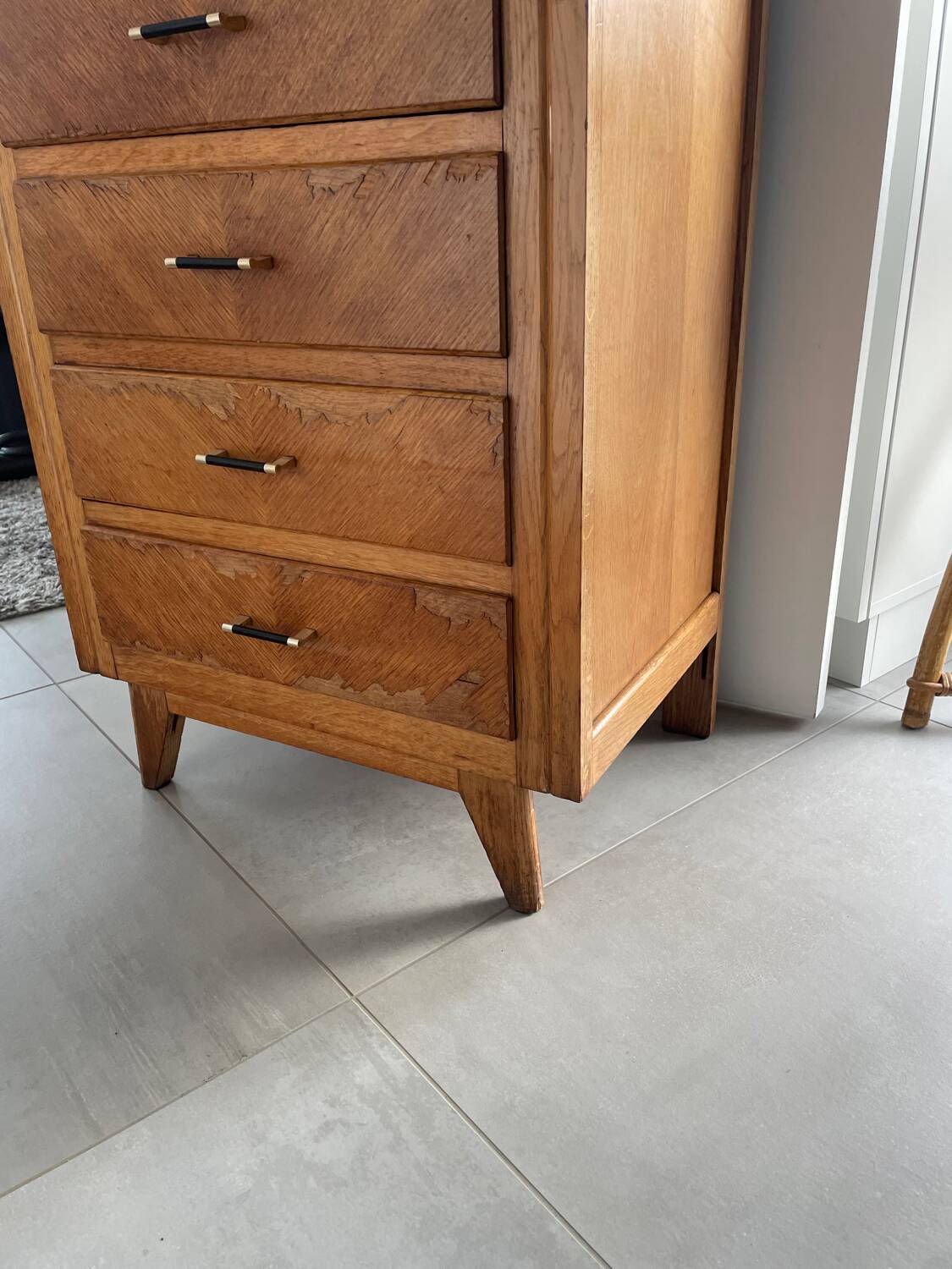 High chest of drawers with 5 drawers, vintage oak, 1950s